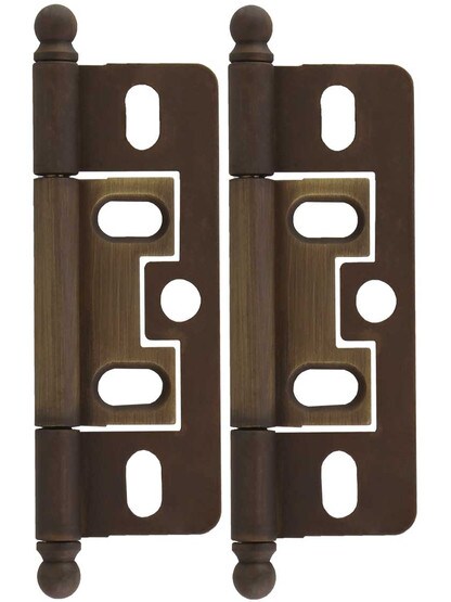 Pair of Solid Brass 2 1/2 inch Non-Mortise Ball-Tip Cabinet Hinges in Antique Light Brass.